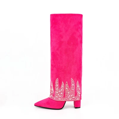 ¡Novedad de 2023! Botas largas de tela de gamuza rosa fuerte para mujer con tacones, botas de moda con pliegues de pantorrilla ancha por encima de la rodilla, botas altas con cierre de tiburón para mujer