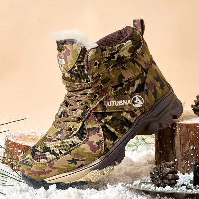 Bn037 zapatos de invierno para hombre, además de zapatos de algodón cálido de terciopelo para hombre, botas de nieve de lana de camuflaje antideslizante, zapato cálido