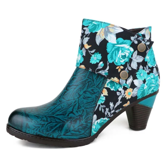 Nuevos zapatos de patrón floral de empalme de cuero de moda Botas de fiesta informales para mujer