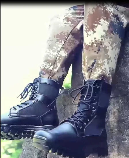 China Xinxing Army Men's Shoes Cuero negro PU Inyección Policía militar Botas tácticas inyectadas