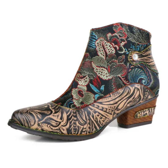 Zapatos de cuero repujado de mujer bordado patrón floral tobillo bohemio botas cómodas de tacón bajo