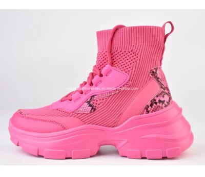 Mujeres Damas Moda Chunky High Tobillo Zapatos Pink Chunky Boots